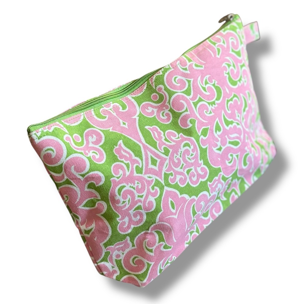 Buckhead Betties Large‎ Cosmetic Bag Pink Green Scroll Print Zipper Pouch - Picture 2 of 9